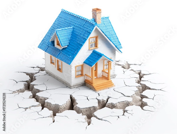 Obraz 3D cartoon illustration of a house with a blue roof on the ground, cracked by an earthquake, against a white background,