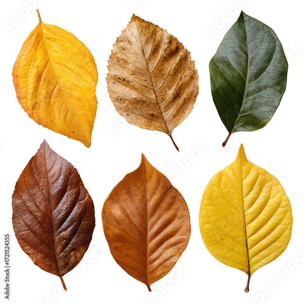 Fototapeta Nostalgic set of pressed autumn leaf in yellow, green, and brown color, isolated on transparency background. natural collection showing seasonal foliage and life cycle change