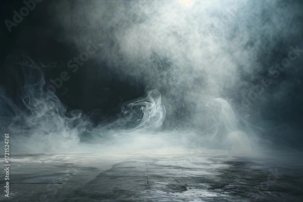 Obraz Atmospheric black background showing wisps of smoke and fog, an ethereal feel with dramatic lighting for use in projects.