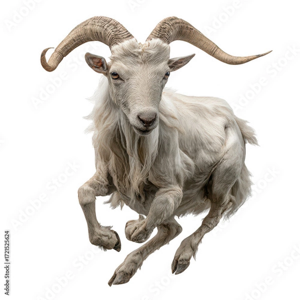 Fototapeta Powerful white horned goat running with intense action. This isolated wildlife ram animal jumps forward with determined expression on transparency background