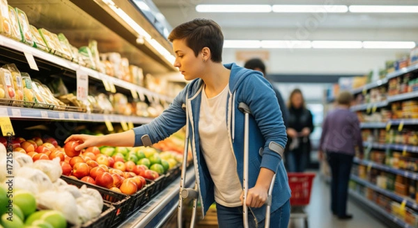 Obraz Young woman with an injury on crutches carefully selecting fresh red apples from the produce section in a modern grocery store