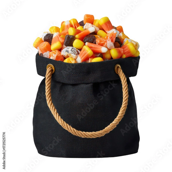 Fototapeta Joyful trick or treat candy bag full of sweet candy corn, isolated on transparency background. This festive halloween bucket overflows with autumn treats for fun celebration