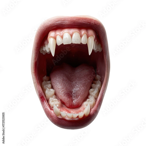 Fototapeta Angry vampire mouth with fangs open wide, showing sharp teeth and tongue. Scary, monstrous creature isolated on transparency background for Halloween horror concept