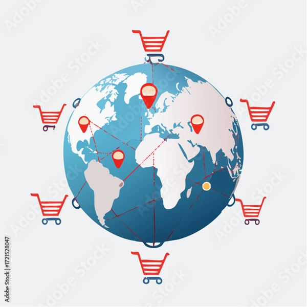 Fototapeta Global Ecommerce Shopping Carts on World Map