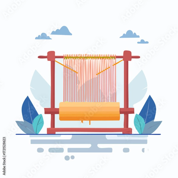 Fototapeta Simple Wooden Loom with Red and Yellow Threads