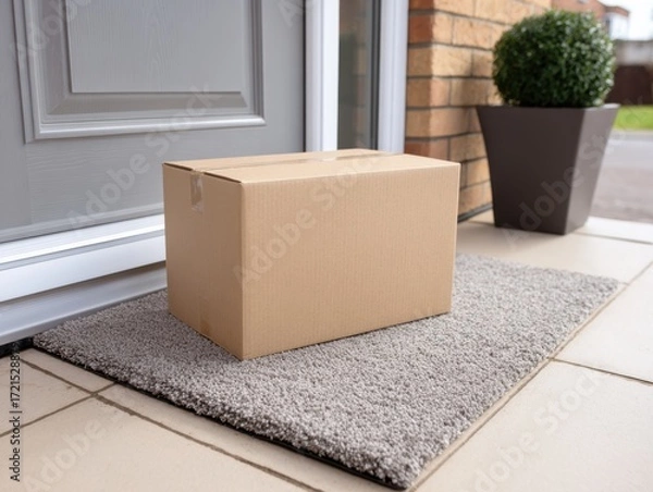 Obraz A brown cardboard delivery box rests on a textured doormat in front of a residential entrance, with a brick wall and potted plant nearby.