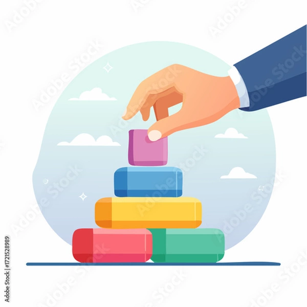Fototapeta Hand Placing Block on Colorful Stacking Toy Pyramid