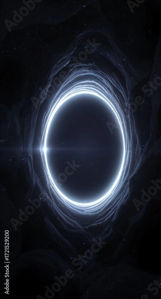 Fototapeta Abstract space background of a glowing white ring or portal inside a dark, rocky cave. Stars are visible in the background. A symbol of discovery, mystery, and new frontiers