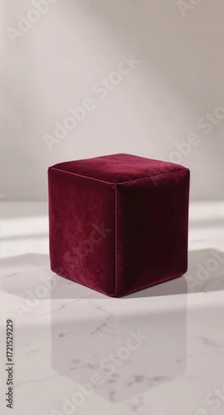 Fototapeta Minimalist scene with a single, elegant cube covered in rich, deep red velvet. It rests on a white marble surface with a soft window shadow. Perfect for a luxury product display or mockup