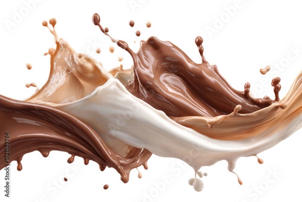 Fototapeta A chocolate and vanilla milkshake with a white background. The milkshake is in the shape of a wave, with the chocolate and vanilla swirls blending together. Concept of motion and fluidity, png