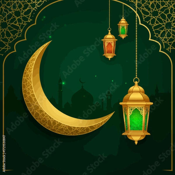 Fototapeta Golden crescent moon and lanterns adorn a mosque silhouette in this Ramadan Islamic vector illustration