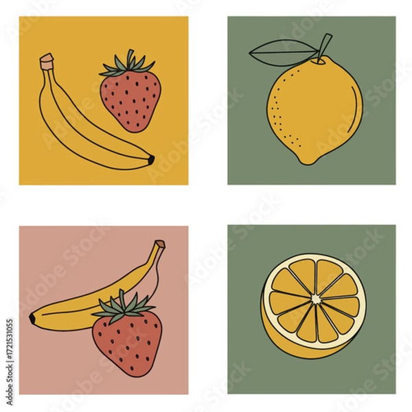 Fototapeta Set of colorful fruit illustrations, featuring a banana, strawberry, lemon, and orange slices, presented in a minimalist, vector art style