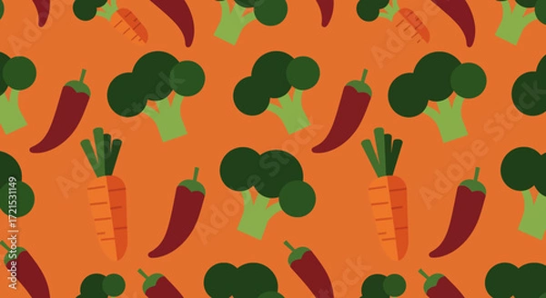 Fototapeta Seamless vector pattern of broccoli, carrots, and chili peppers on an orange background