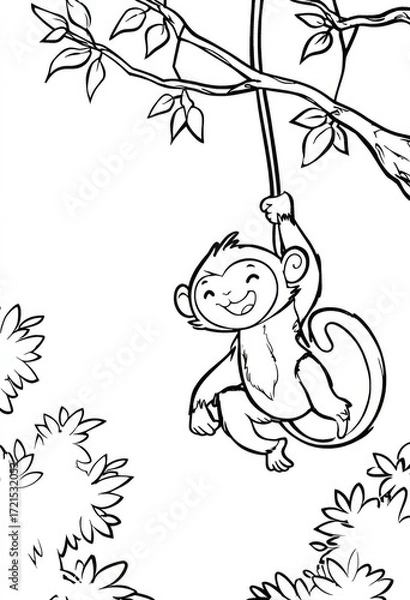 Fototapeta A joyful monkey swings from a vine amongst lush foliage, a charming black and white illustration.