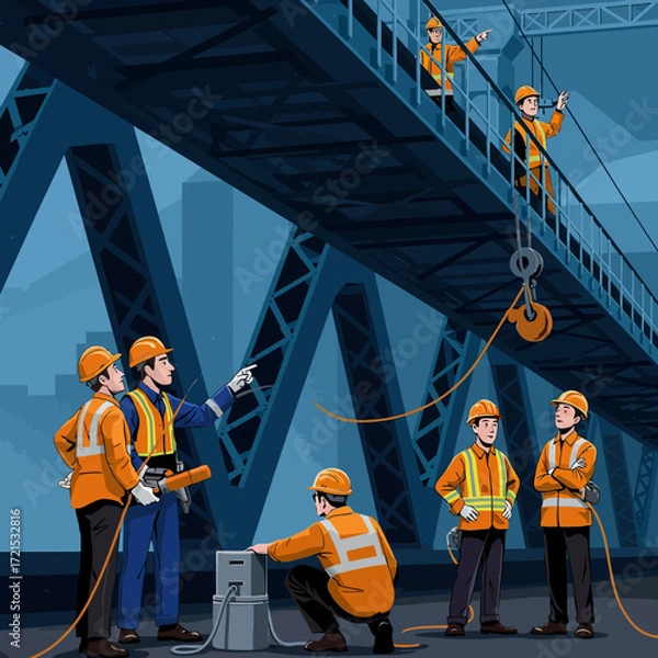 Fototapeta Construction workers collaborating on a large infrastructure project, such as a bridge, with safety equipment and tools