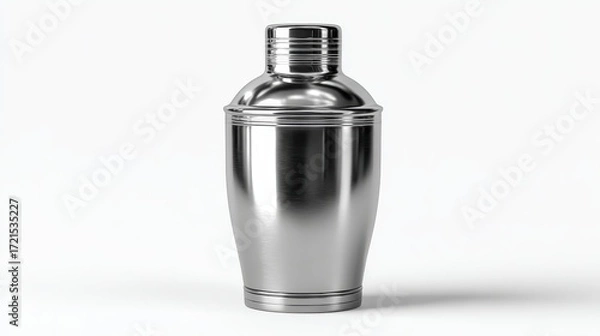 Fototapeta Close up view of a metallic cocktail shaker against a bright white backdrop.