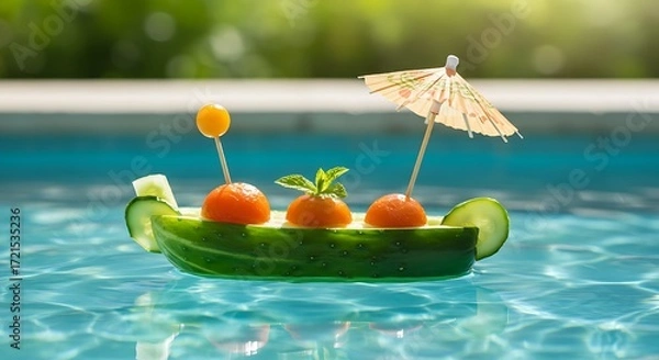 Fototapeta Creative fruit arrangement floats in a sunlit pool — a refreshing blend of culinary art and seasonal joy.