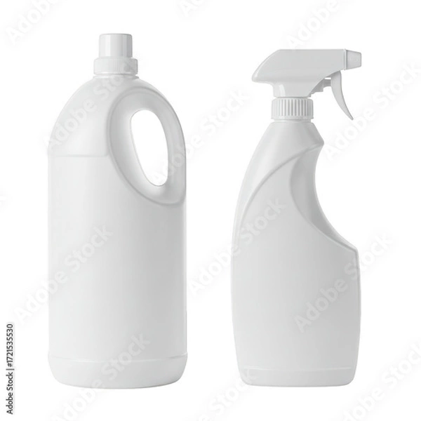 Fototapeta Two white plastic cleaning product bottles with handles and spray nozzles isolated on transparent background
