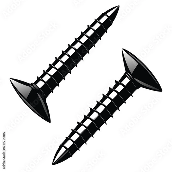 Fototapeta Two black metal screws with sharp points on a white background