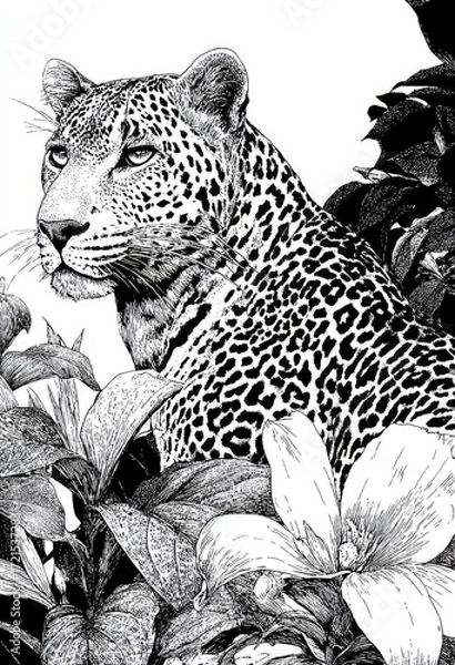 Fototapeta Intricate black and white illustration of a leopard amidst lush tropical foliage and flowers, showcasing detailed textures and a serene mood.