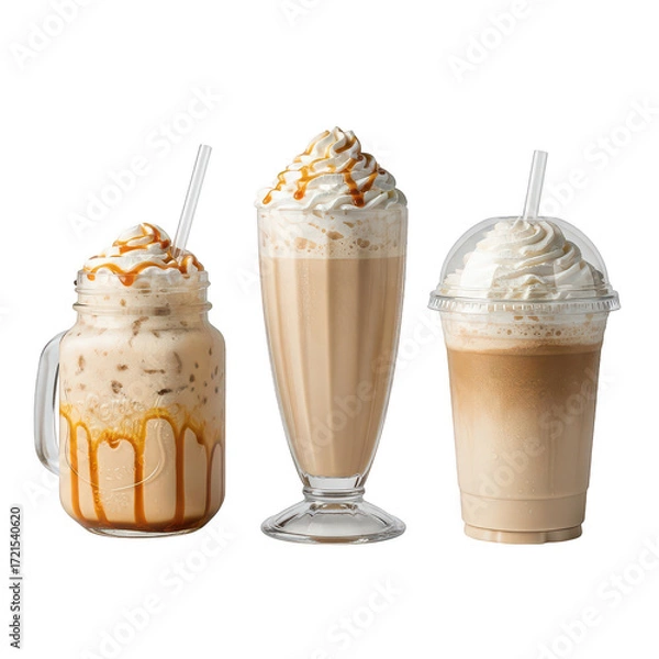 Fototapeta Three iced coffee drinks with whipped cream and caramel drizzle on beverage