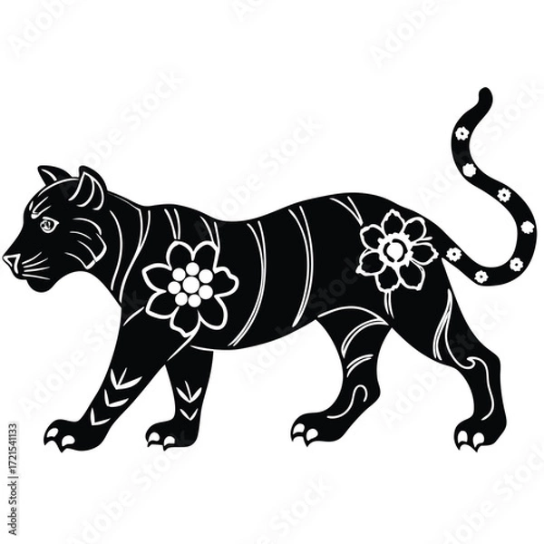Fototapeta Stylized black tiger with floral patterns on a white background