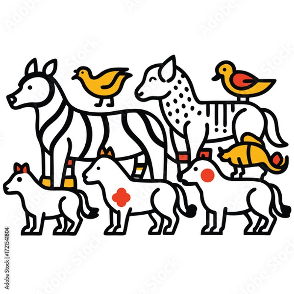 Fototapeta Collection of stylized farm animals and birds in a group
