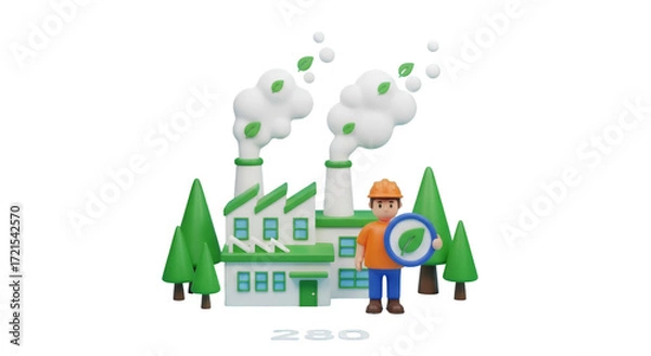 Fototapeta 3D Cartoon Factory with Eco-Friendly Worker and Greenery