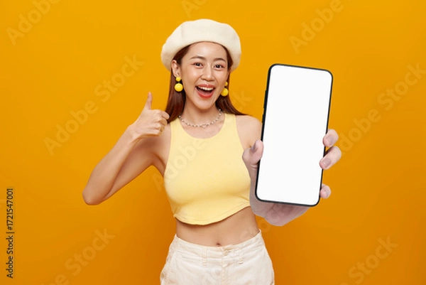 Fototapeta Smiling Asian woman showing smartphone with thumbs up gesture expressing approval confidence, positivity modern digital lifestyle and technology concept isolated on yellow background