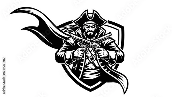 Obraz Bold Pirate Warrior Mascot Illustration Esport Logo Emblem Depicting a Swashbuckling Character with Dual Pistols for Gaming Team Identity, Sports Branding, and Creative Design Assets