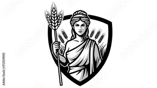 Obraz Mascot Illustration Esport Logo Emblem Classical Goddess with Wheat Shield - Dynamic design for agricultural, food, or gaming team branding
