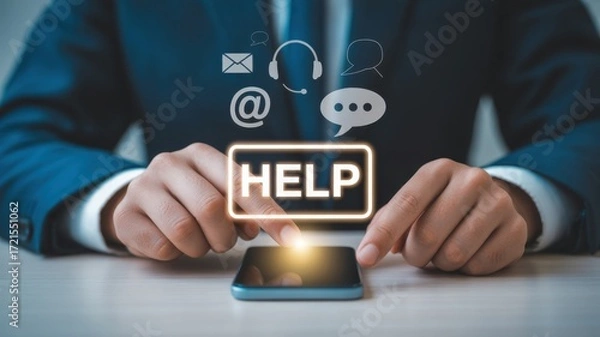 Fototapeta Digital Support Icon: A business person, their hands gently interacting with a mobile phone and various support service icons, signifying efficient customer care and technological aid.