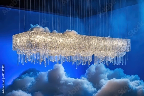 Fototapeta modern rectangular crystal chandelier above a cloud formation in a blue room