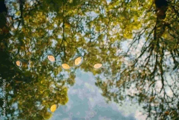 Fototapeta mottled canopy reflected in shallow pool.