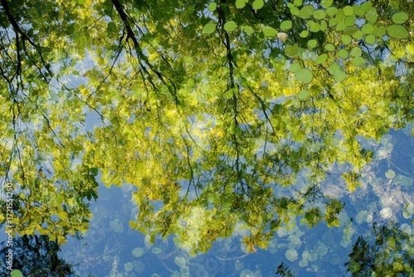 Fototapeta mottled canopy reflected in shallow pool.