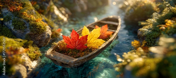 Obraz A small wooden boat carries red, orange, and yellow maple leaves along a moss-covered mountain stream. A surreal, high-resolution image symbolizing autumn's magical journey to the city. Generative Ai.
