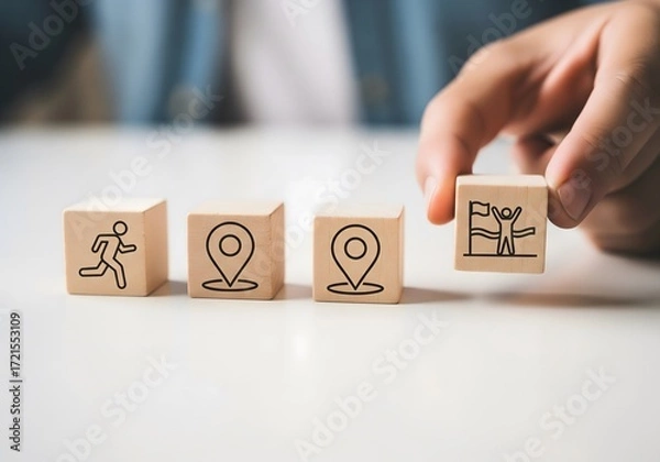 Fototapeta A hand arranging wooden blocks featuring business and success icons transparent background