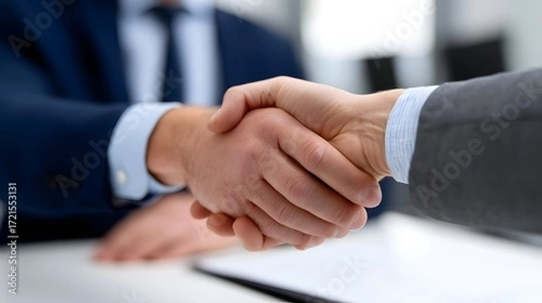 Fototapeta Two businessmen in suits shaking hands to finalize a deal or establish a new professional partnership, symbolizing trust, coope n, and future growth opportunities.
