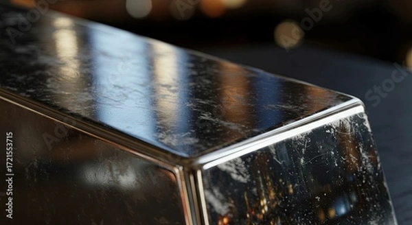 Fototapeta Close-up of a weathered silver bullion bar with warm, reflective bokeh lights background