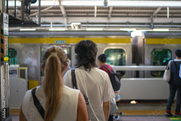 Obraz People standing in line at a Japanese train station platform, waiting for a subway train to arrive. Urban transportation, daily commuting, and modern lifestyle concept in Tokyo, Japan
