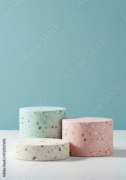 Fototapeta Pastel terrazzo cylindrical podiums in mint blush ivory, triangular staggered arrangement on white surface, pastel blue background, studio photography for modern product showcase