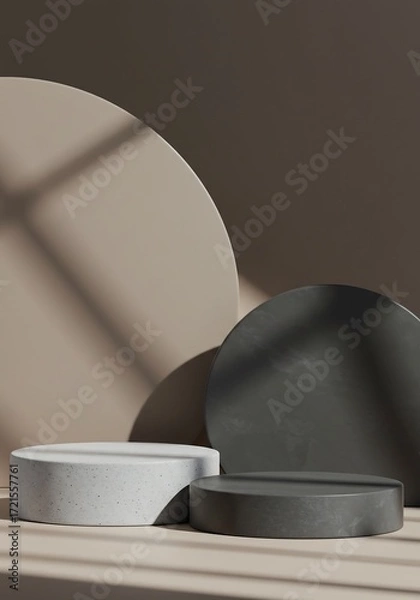Fototapeta Polished concrete podiums in gray and charcoal with geometric shadow background, high contrast daylight photography for minimalist product styling