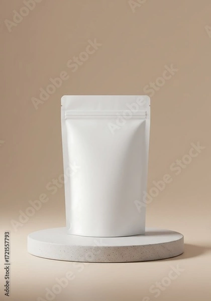 Fototapeta Matte white pouch on concrete pedestal with pastel beige cream gradient background, premium minimalist product photography for modern branding