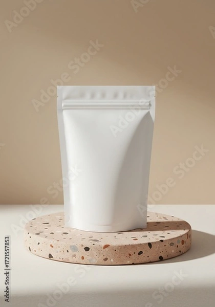 Fototapeta Matte white pouch on terrazzo surface with beige off-white background, editorial flat lay product photography for versatile branding