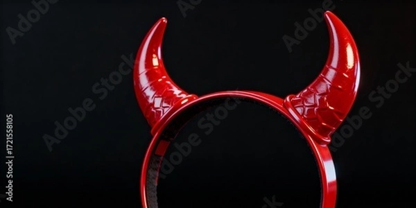 Fototapeta Cute 3D devil horn headband shiny red Halloween accessory close-up on dark minimal background