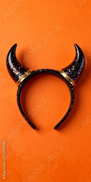 Fototapeta Overhead view of cute 3D devil horn headband with glitter on vibrant orange background Halloween party