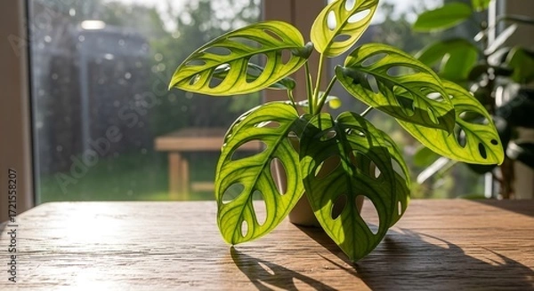 Fototapeta Rare monstera obliqua with lace-like perforated leaves on rustic wooden table, soft morning window light, botanical still life photography for premium plant collectors and editorial branding