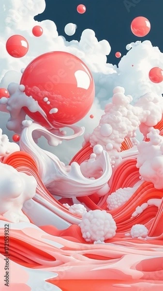 Fototapeta Surreal Pink and White Abstract Cloudscape with Spheres