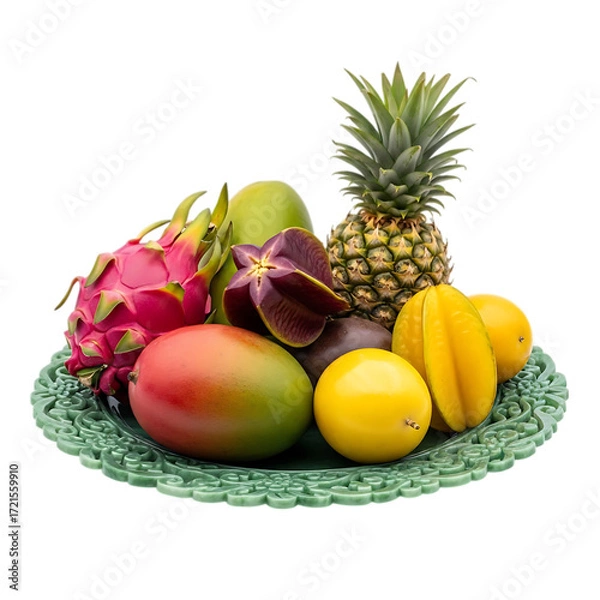 Fototapeta Assortment of tropical fruits on a decorative plate isolated on transparent background