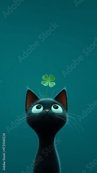 Fototapeta Black cat with four leaf clovers. Creative luckiness and contrast concept 